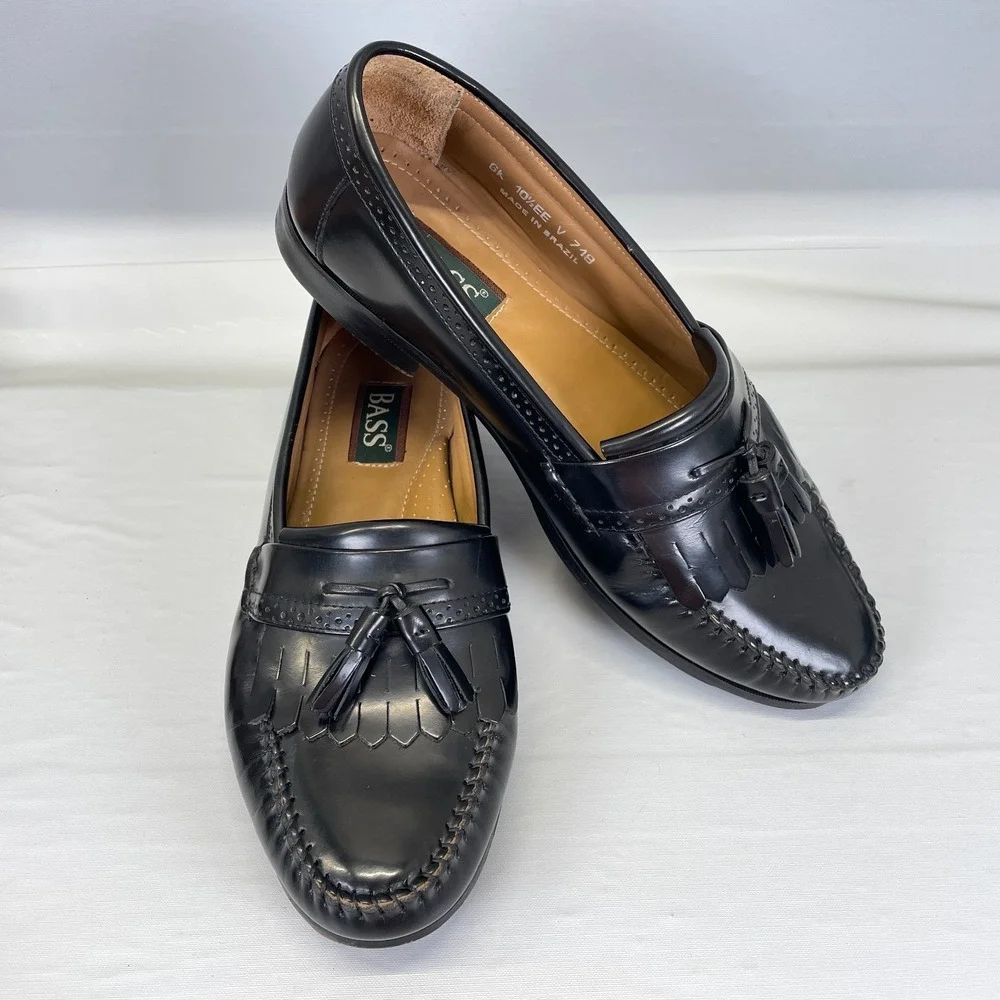 Bass Kiltie Tassel Loafers Mens Size 10.5 EE Black Leather Moc Toe Dress Shoes